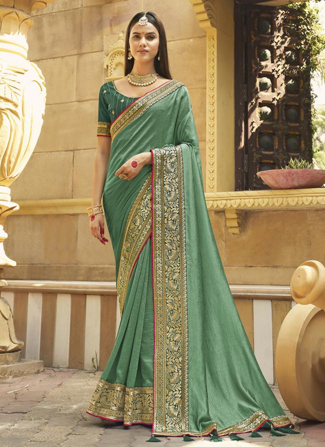 Vichitra Silk Pista Green Festival Wear Embroidery Work Saree